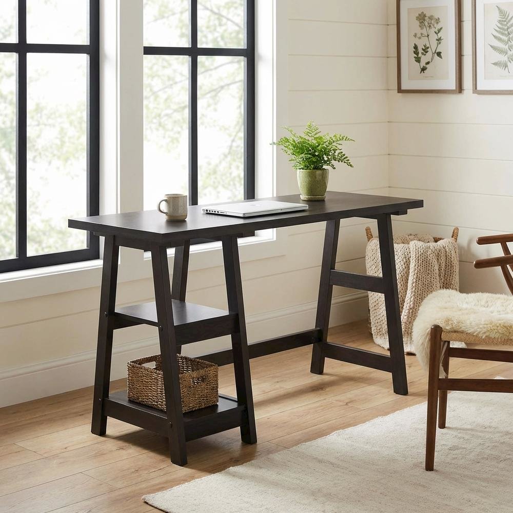 Wooden Trestle Desk With Shelves And Melamine Finish For Office Work
