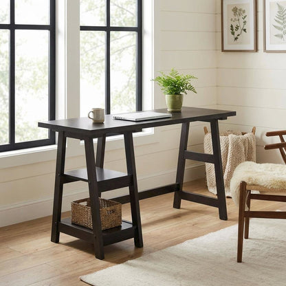 Wooden Trestle Desk With Shelves And Melamine Finish For Office Work