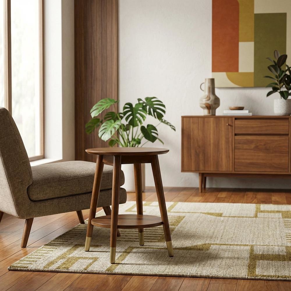 Round Mid Century End Table with Bottom Shelf for Living Room