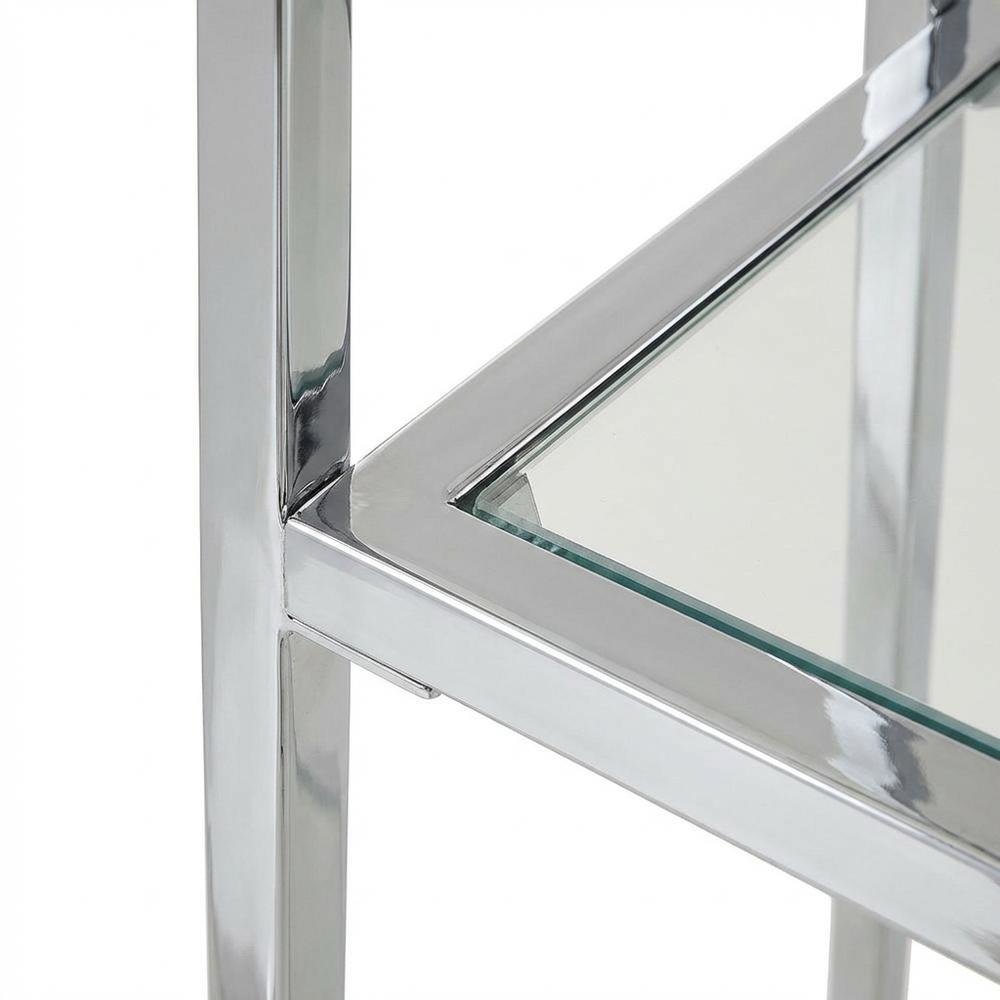 Gray Glass Chrome Hall Table with Lower Shelf, Slim Metal Frame, Modern