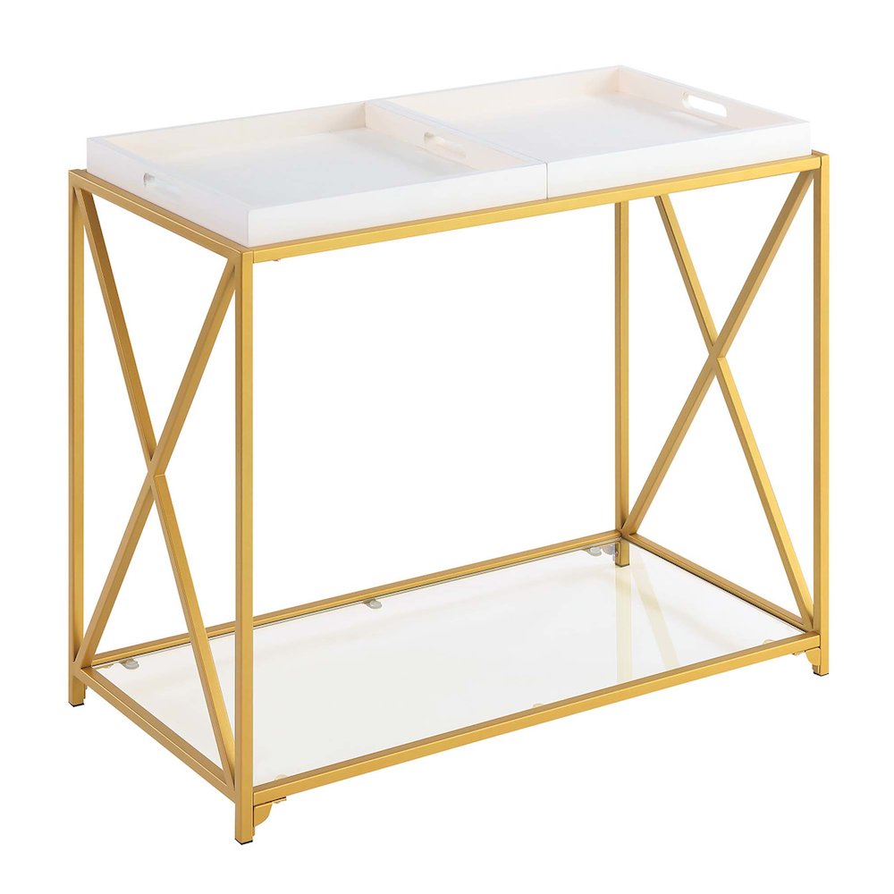 St. Andrews Console Table with Shelf and Removable Trays, White/Gold