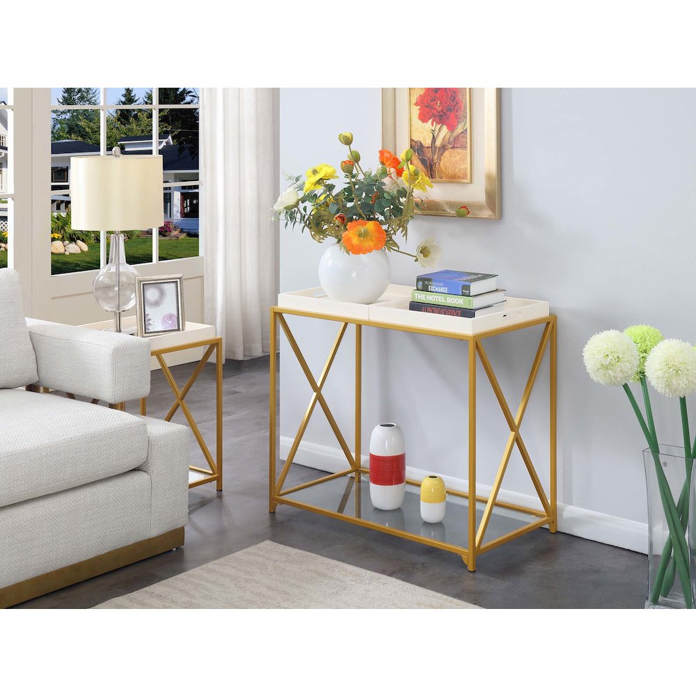 St. Andrews Console Table with Shelf and Removable Trays, White/Gold