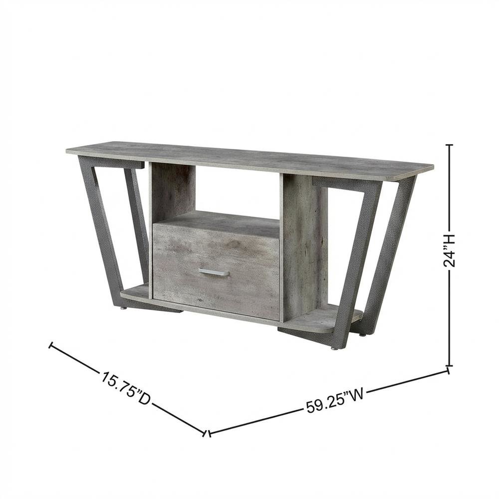 Gray TV stand with single drawer and shelf for 65-inch TVs, powder-coated metal