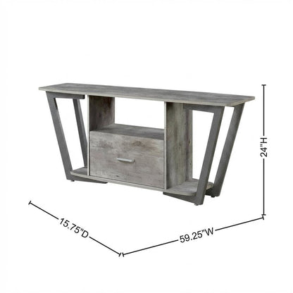 Gray TV stand with single drawer and shelf for 65-inch TVs, powder-coated metal