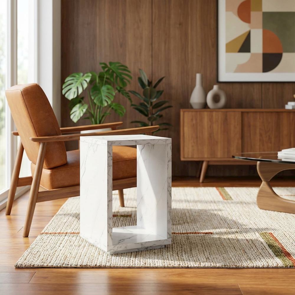 White Faux Marble End Table with Shelf for Living Room Use