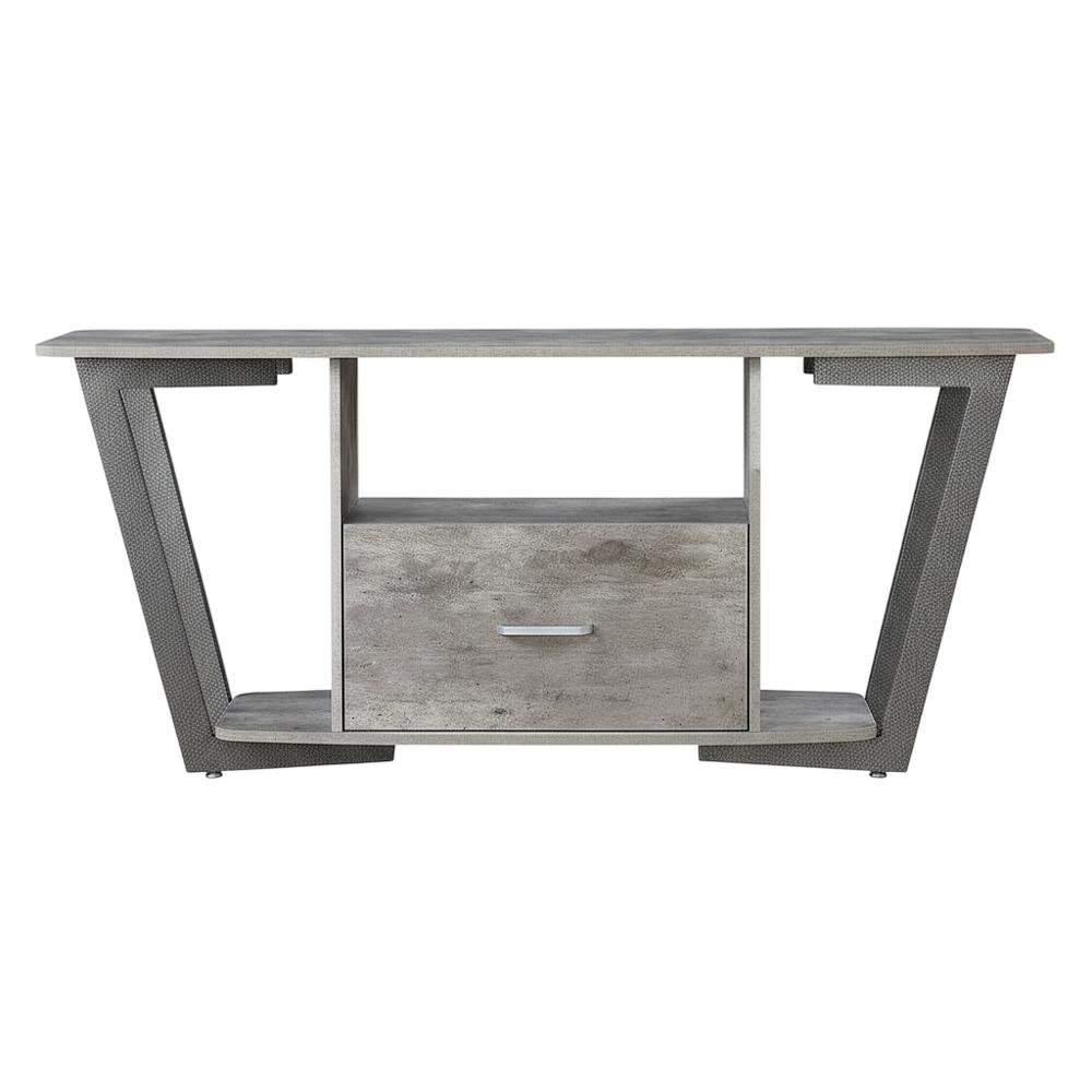 Gray TV stand with single drawer and shelf for 65-inch TVs, powder-coated metal