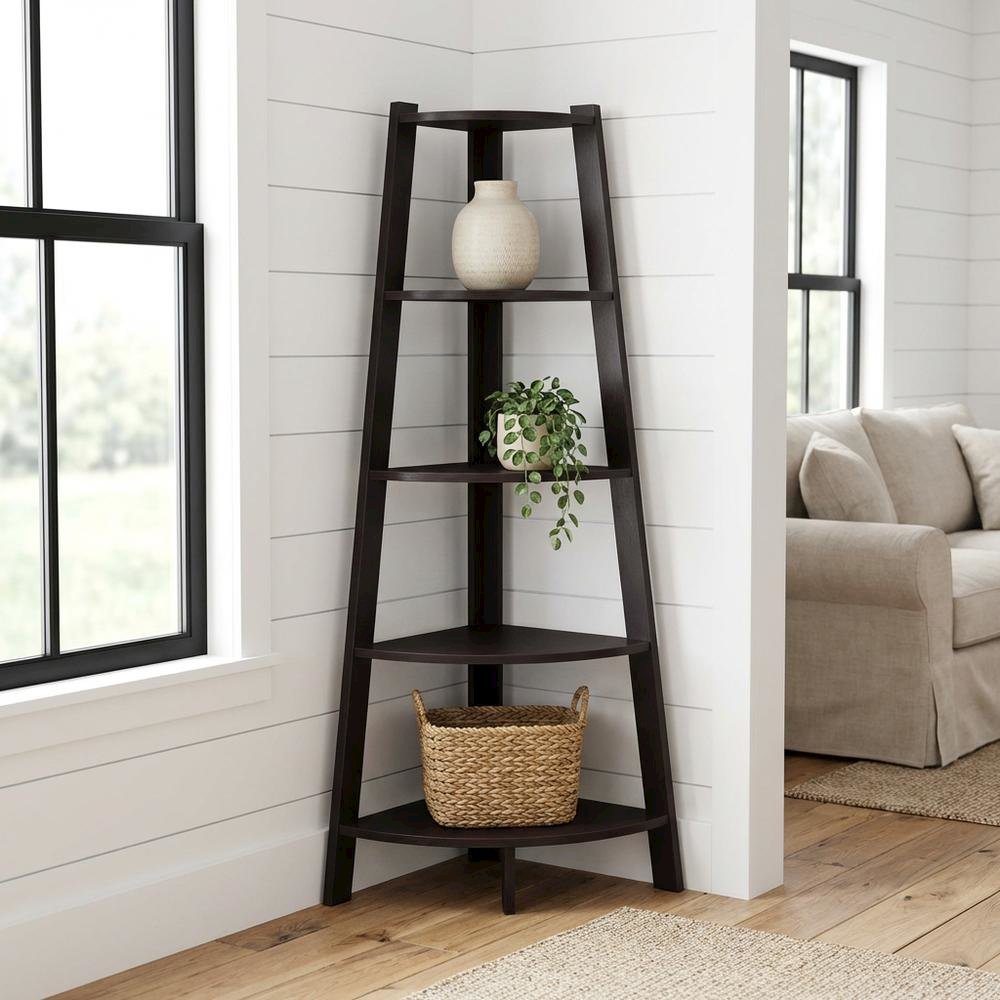 Wide Corner Bookcase with Espresso Finish and Multiple Shelves