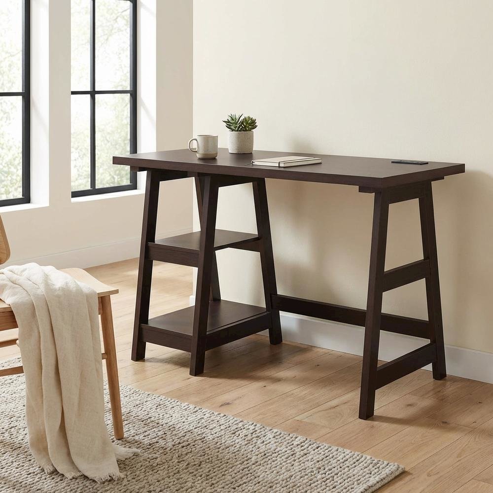 Espresso Trestle Desk With Built-In Charging Station For Office Workspace