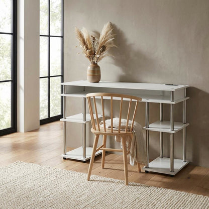White Contemporary Student Desk With Charging Station And Modern Design