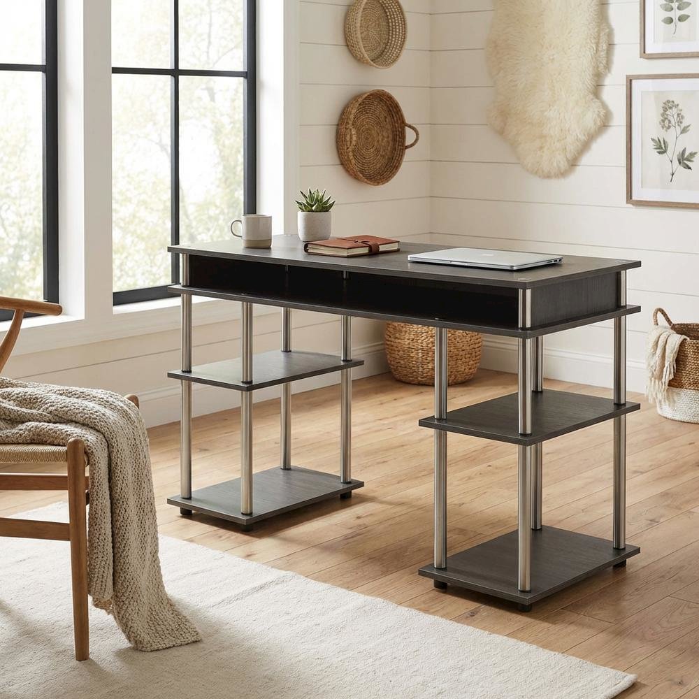 Wooden Student Desk With Melamine Surface And Steel Tube Frame For Study Space