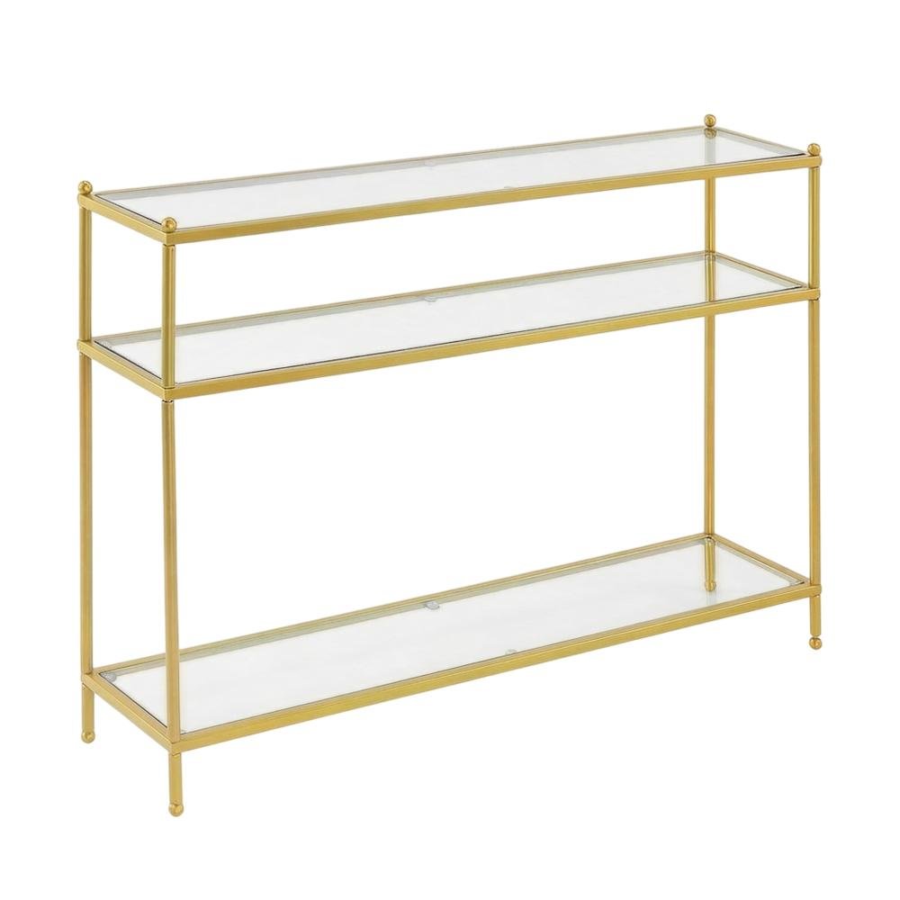 Glass console table with three tiers, modern design for versatile use