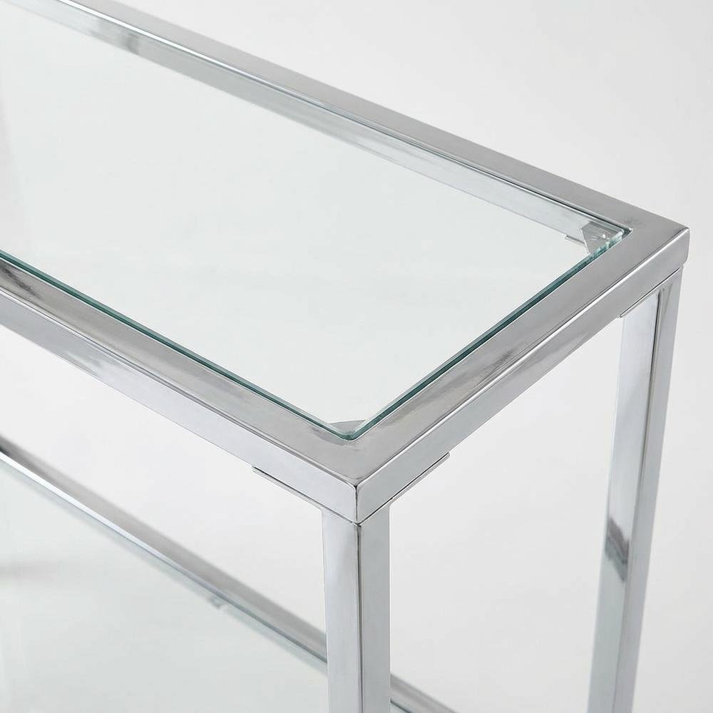 Gray Glass Chrome Hall Table with Lower Shelf, Slim Metal Frame, Modern