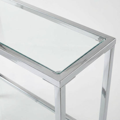 Gray Glass Chrome Hall Table with Lower Shelf, Slim Metal Frame, Modern