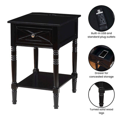 Country Oxford 1 Drawer End Table with Charging Station and Shelf, Black