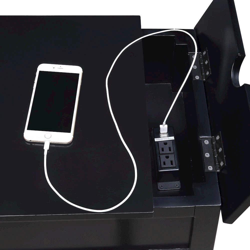 Country Oxford 1 Drawer End Table with Charging Station and Shelf, Black