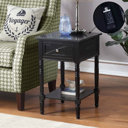 Country Oxford 1 Drawer End Table with Charging Station and Shelf, Black