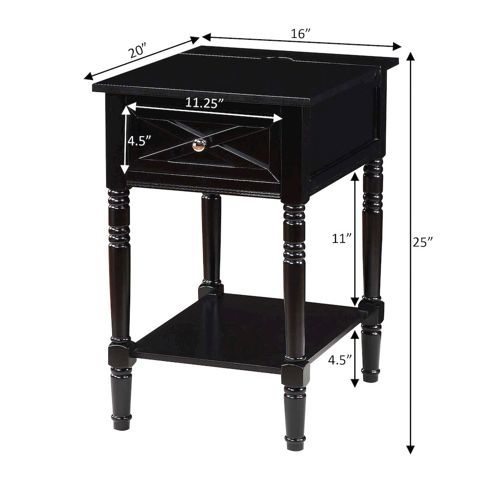 Country Oxford 1 Drawer End Table with Charging Station and Shelf, Black