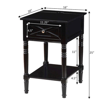 Country Oxford 1 Drawer End Table with Charging Station and Shelf, Black