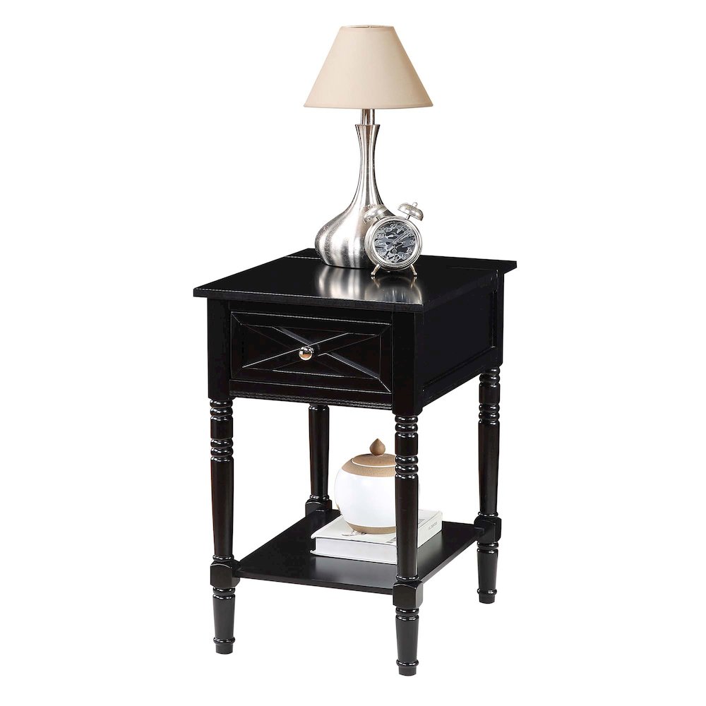 Country Oxford 1 Drawer End Table with Charging Station and Shelf, Black