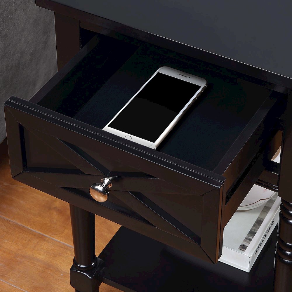 Country Oxford 1 Drawer End Table with Charging Station and Shelf, Black