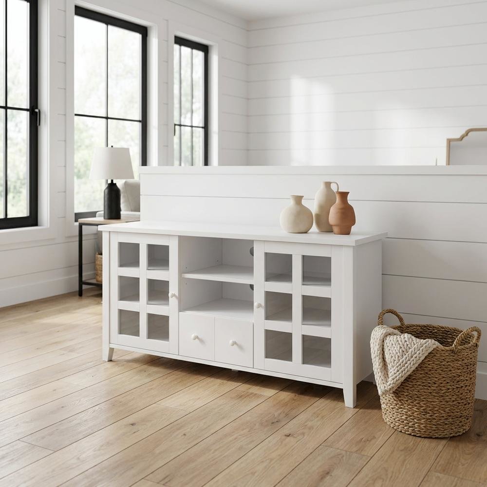 White 1-Drawer TV Stand with Storage Cabinets and Shelves for 65-Inch TVs