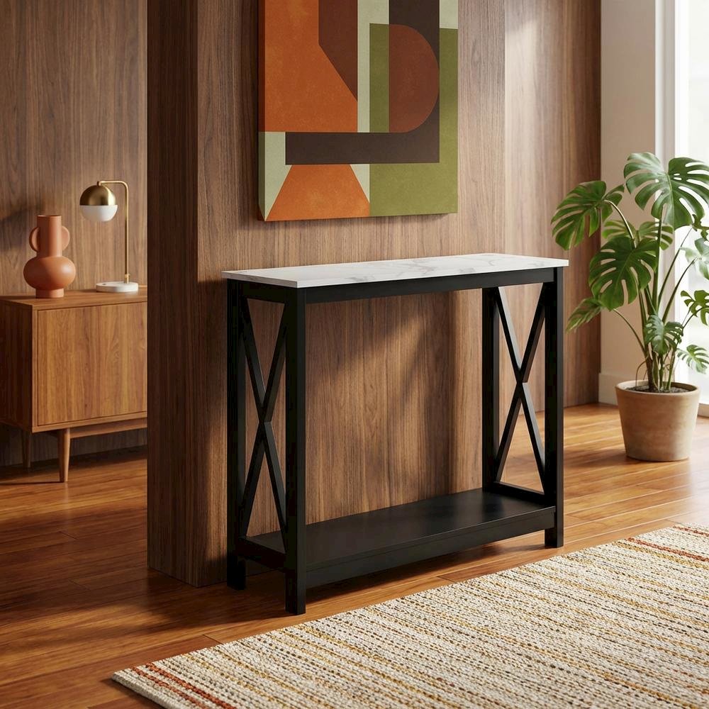 Black Finish Console Table with Shelf for Entryway and Living Room