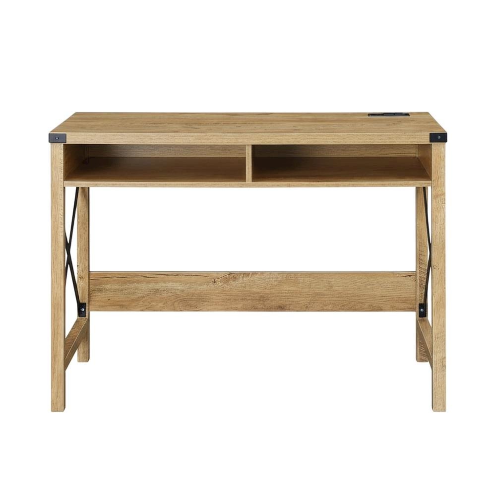 Sturdy Black And Oak Office Desk With Charging Station And Modern Design