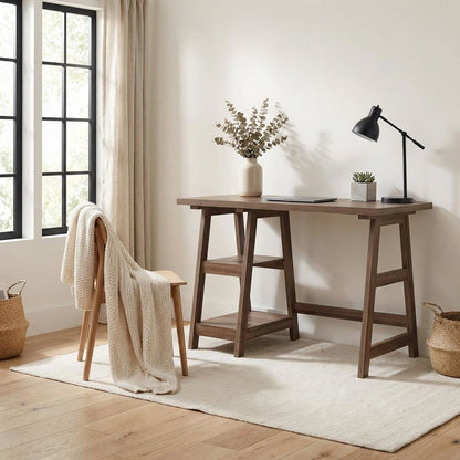 Modern Distressed Wood Office Desk With Shelves, Mdf And Melamine Overlay