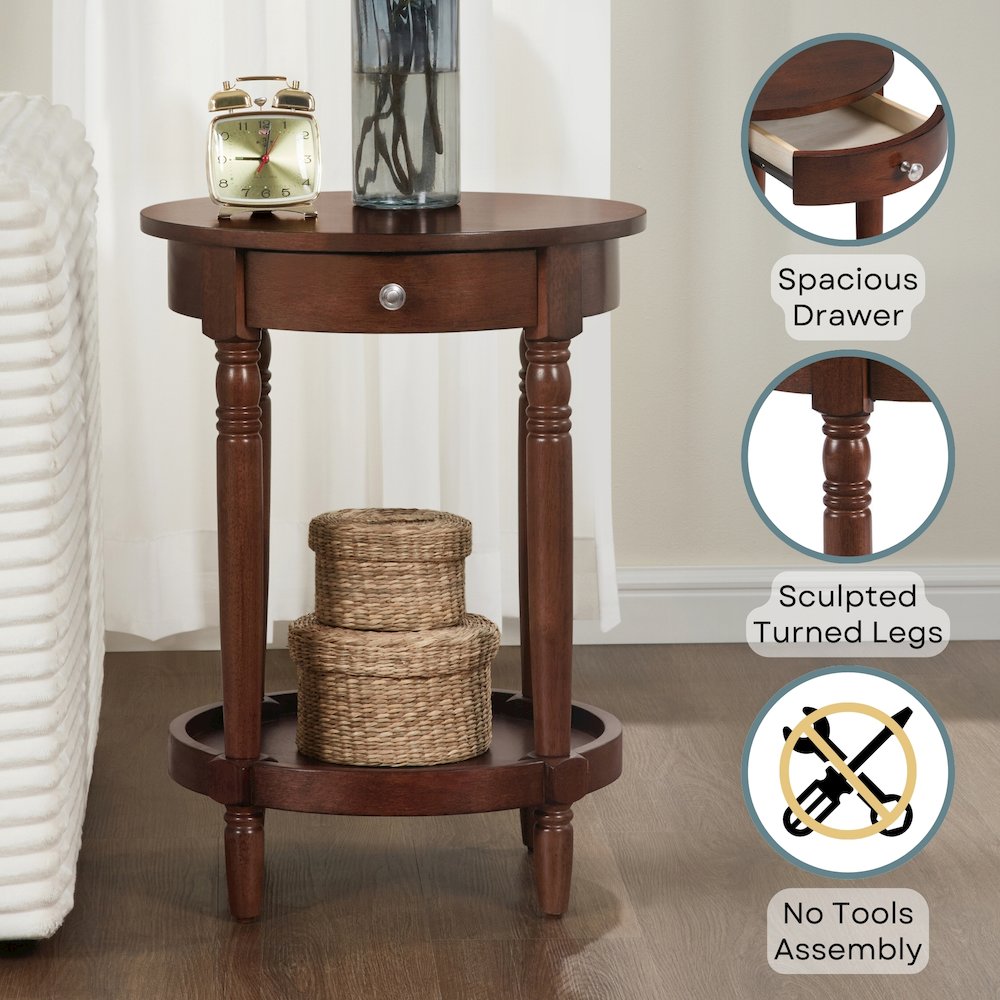 French Country Manor No Tools Round End Table with Shelf