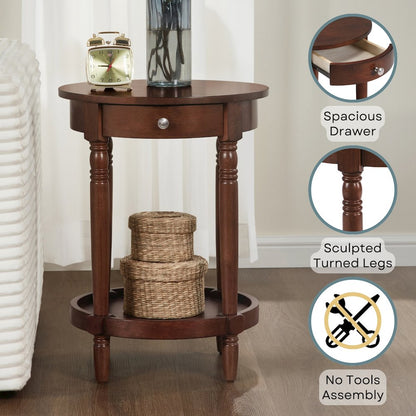 French Country Manor No Tools Round End Table with Shelf