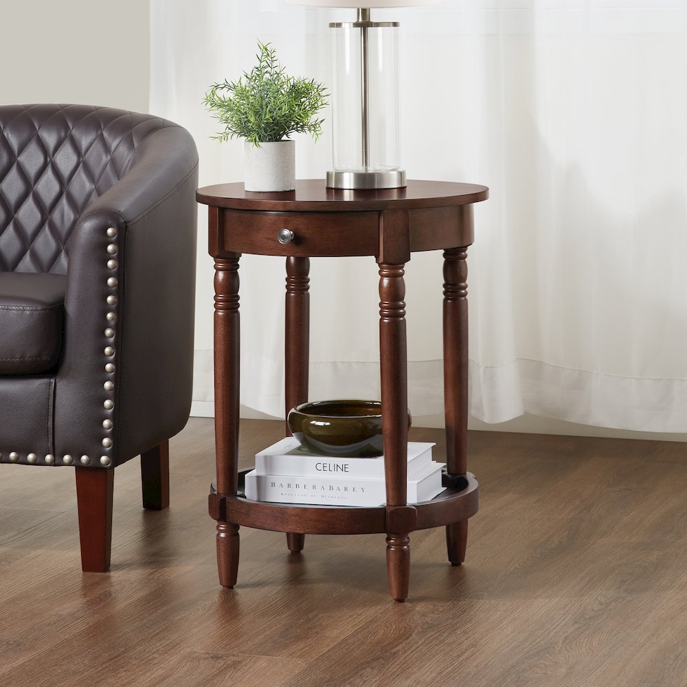 French Country Manor No Tools Round End Table with Shelf
