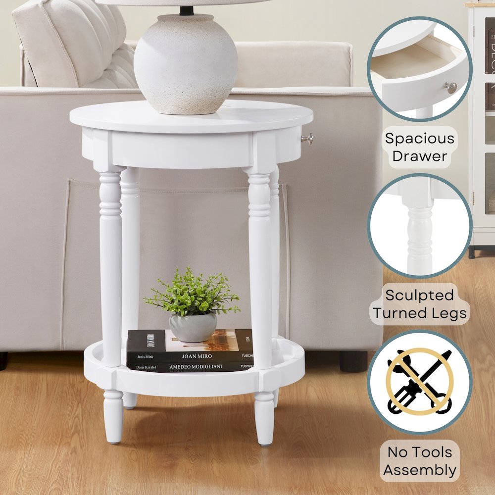 French Country Manor No Tools Round End Table with Shelf