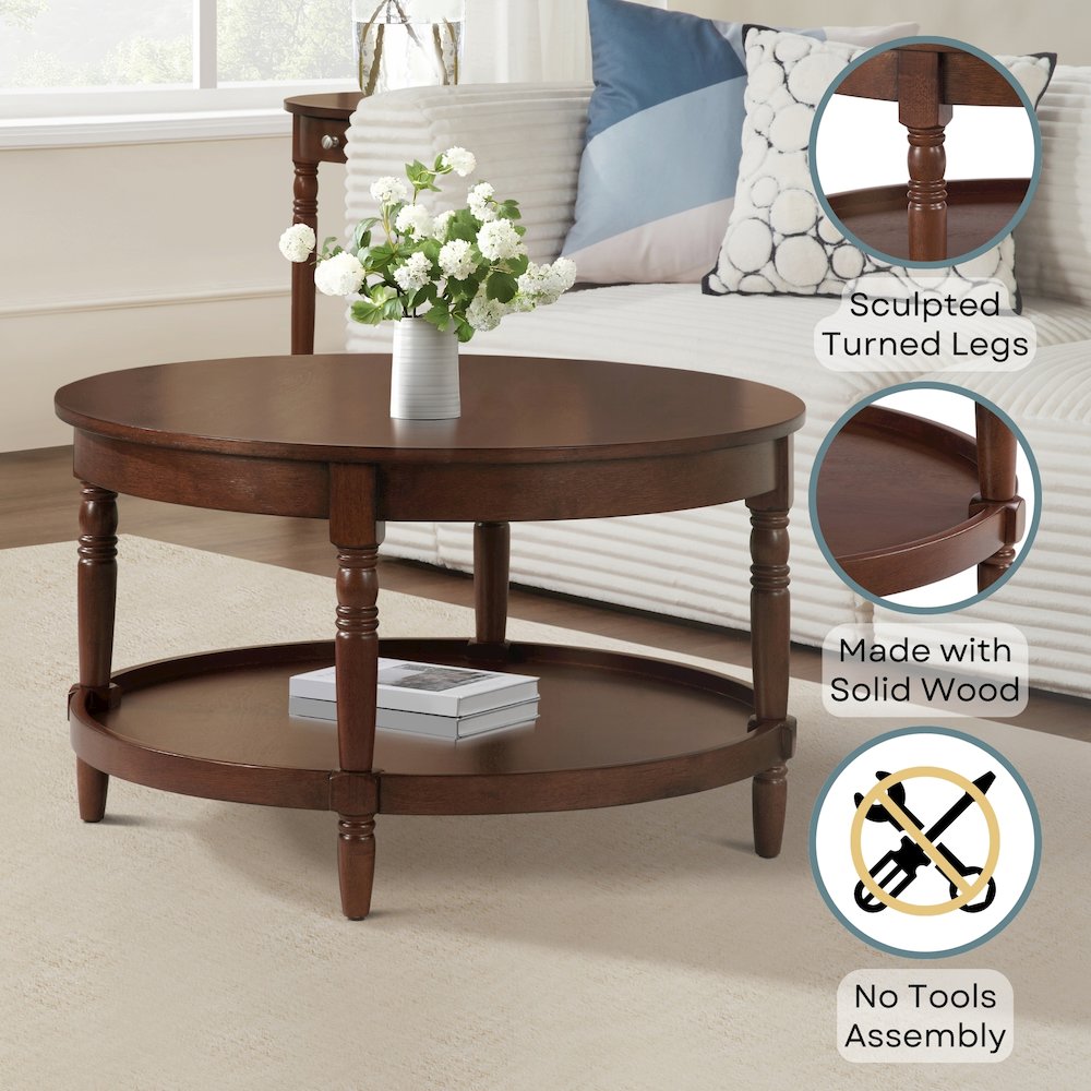 French Country Manor No Tools Round Coffee Table with Shelf