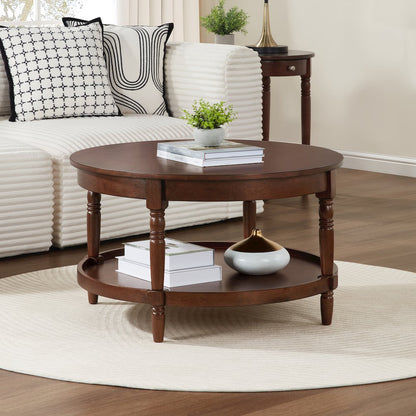 French Country Manor No Tools Round Coffee Table with Shelf