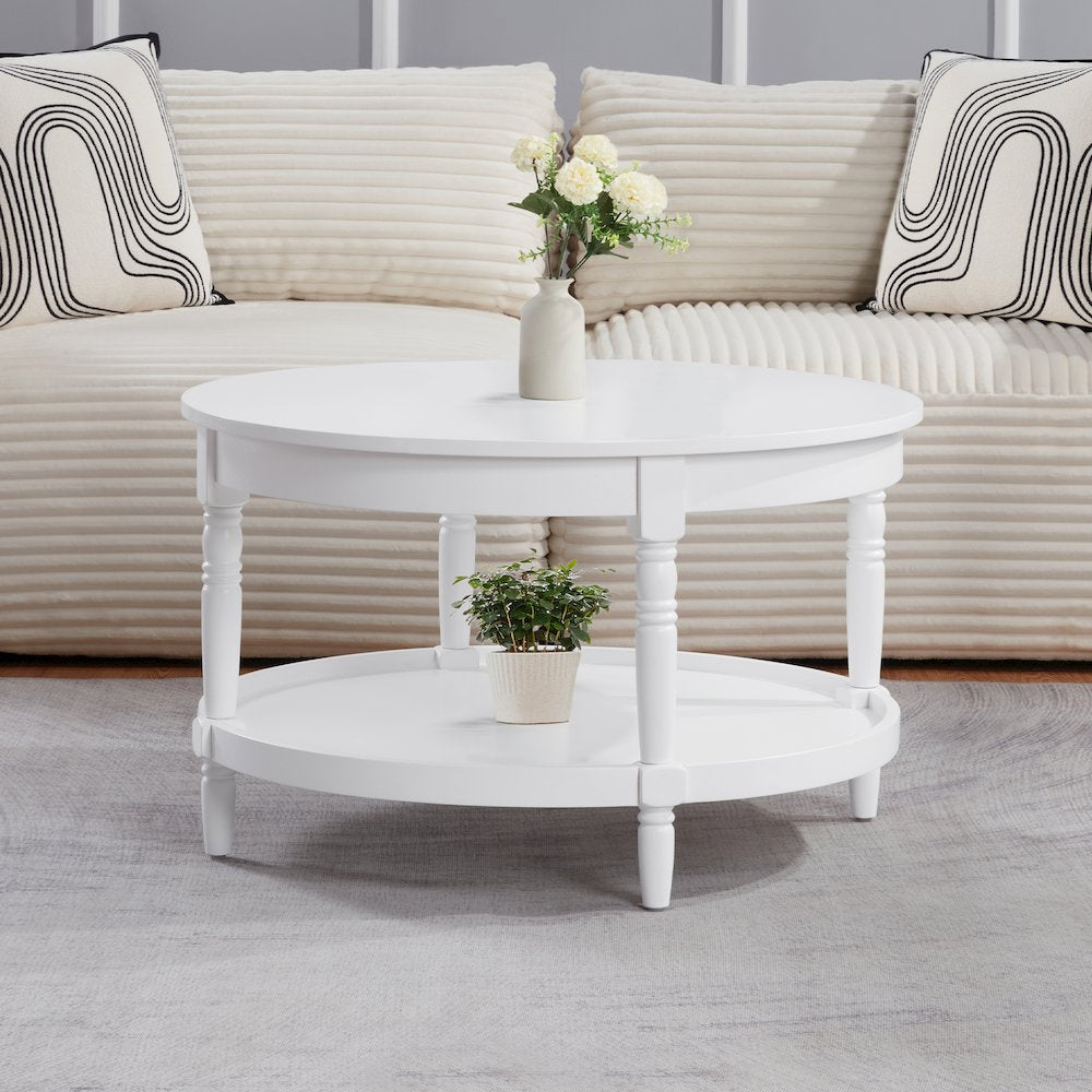 French Country Manor No Tools Round Coffee Table with Shelf