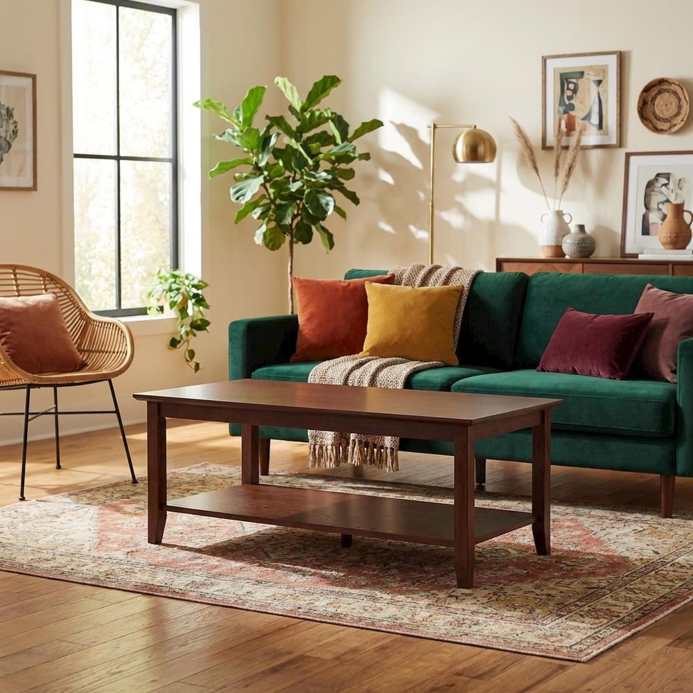 Rectangular Coffee Table with Shelf in Brown MDF and Rubberwood Legs