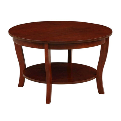 Distressed Round Coffee Table with Shelf in Classic Style, 30-Inch Diameter