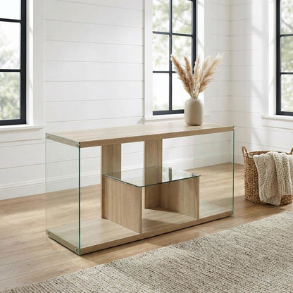 Weathered White TV Stand with Tempered Glass and Particle Board Surface