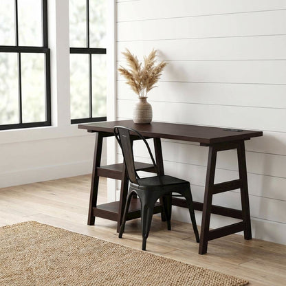 Espresso Trestle Desk With Built-In Charging Station For Office Workspace