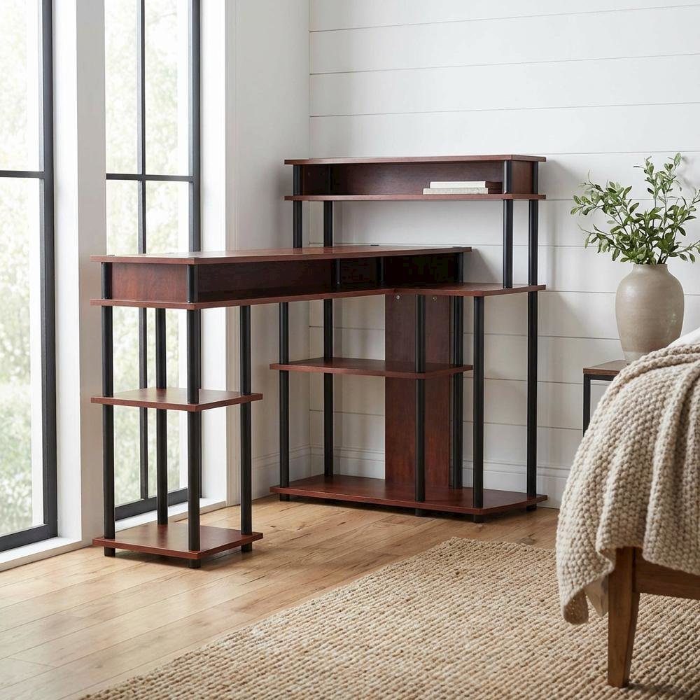 Contemporary Student Desk With Cherry Finish And Stainless Steel Accents
