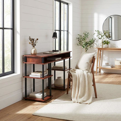 Contemporary Student Desk With Cherry Finish And Stainless Steel Accents