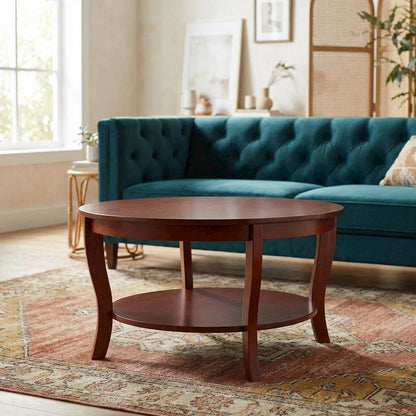 Distressed Round Coffee Table with Shelf in Classic Style, 30-Inch Diameter