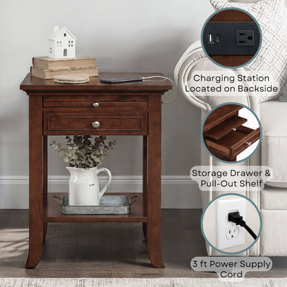 1 Drawer End Table with Charging Station and Pull-Out Shelf