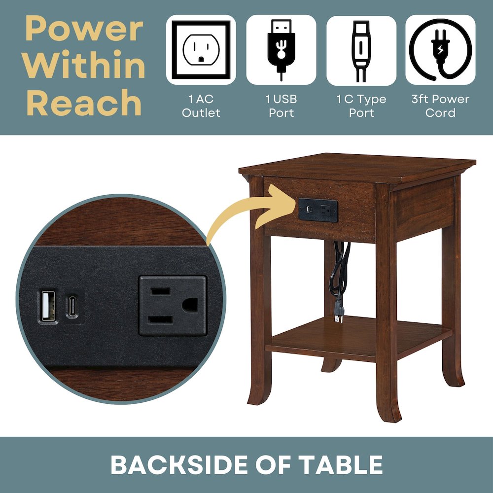 1 Drawer End Table with Charging Station and Pull-Out Shelf