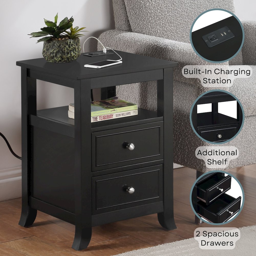Melbourne 2 Drawer End Table with Charging Station and Shelf