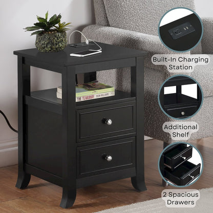 Melbourne 2 Drawer End Table with Charging Station and Shelf