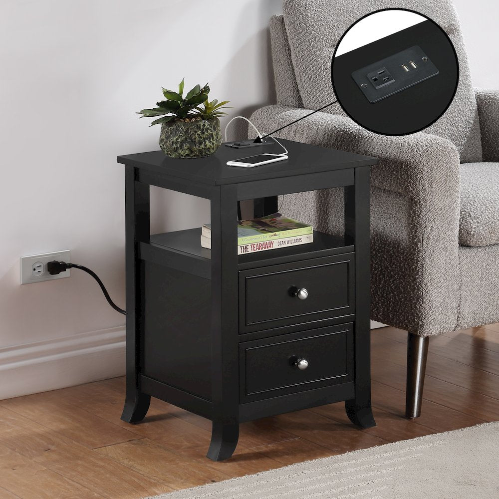 Melbourne 2 Drawer End Table with Charging Station and Shelf