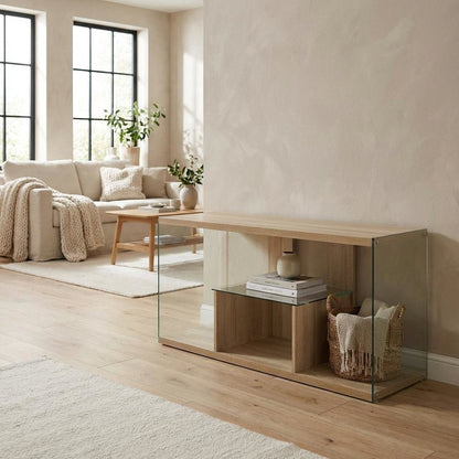 Weathered White TV Stand with Tempered Glass and Particle Board Surface