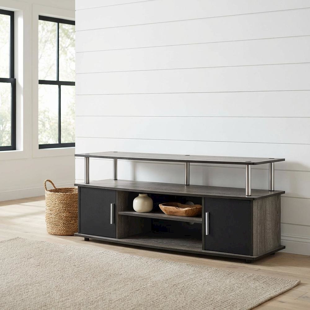 Weathered Gray, Black TV Stand, Cabinets, Shelves, up to 55 Inch TVs
