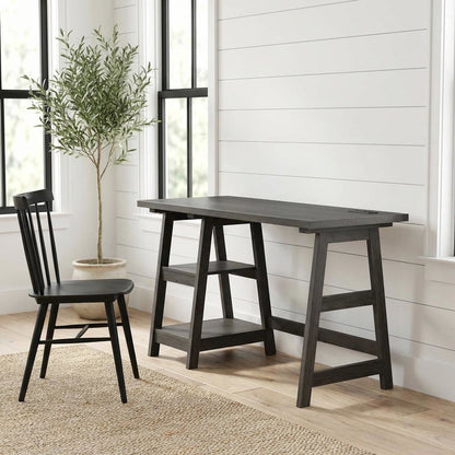 Charcoal Gray Trestle Desk With Charging Station And Melamine Overlay